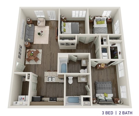 Floor plan for 3 beds, 2 baths, 1402 sqft